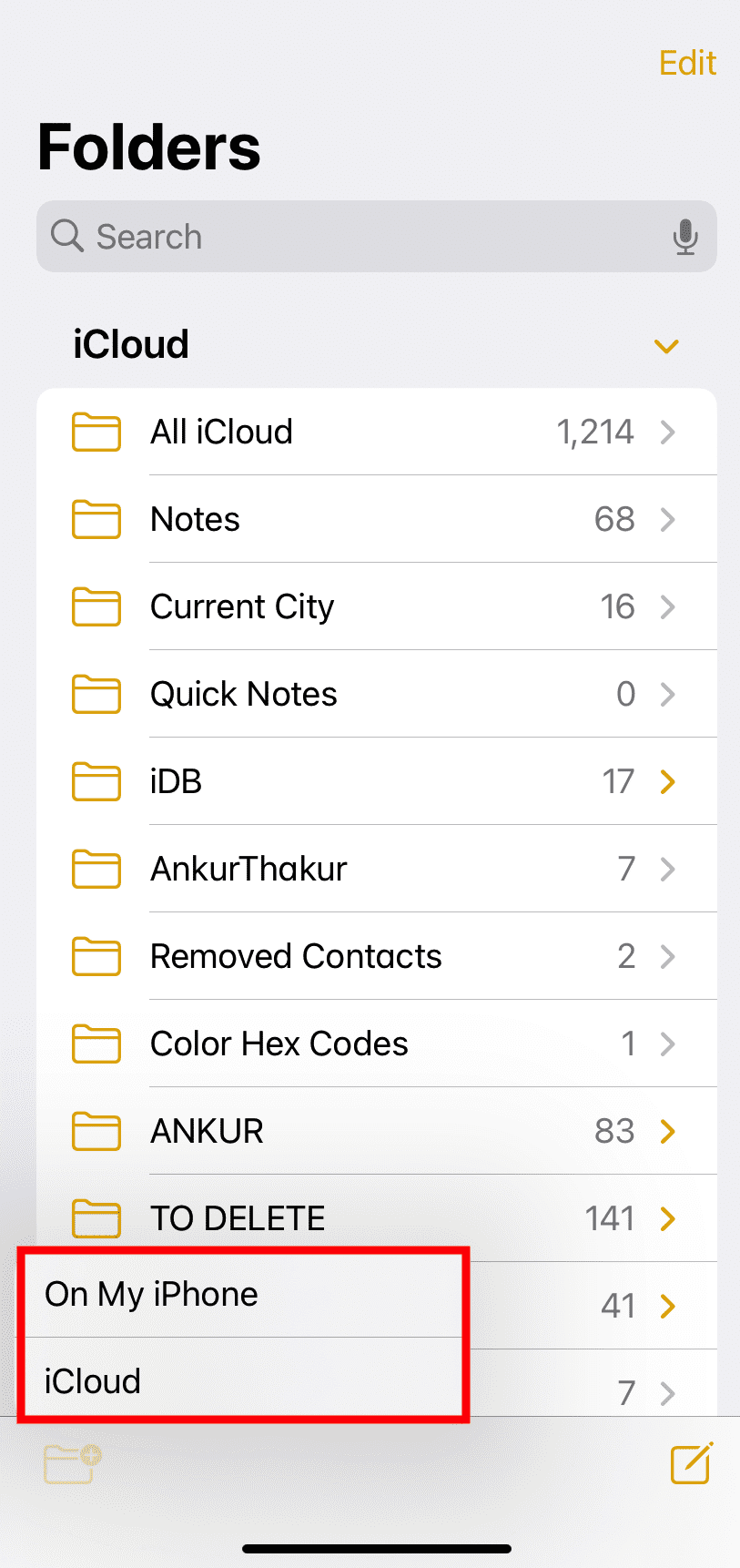 sync notes from iPhone to Mac - Go to Folders in iPhone