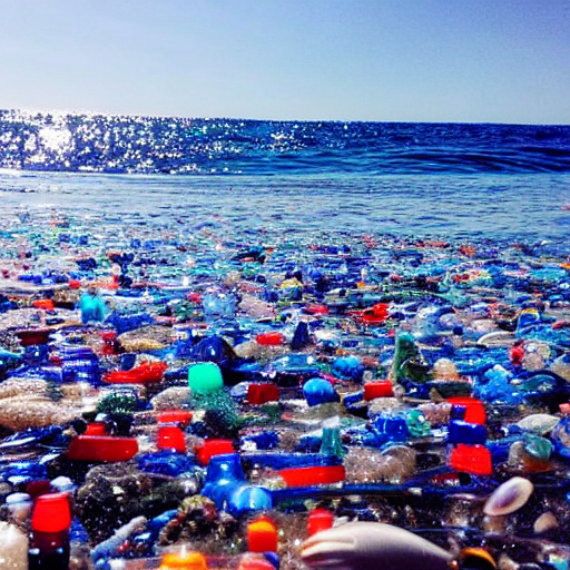 An Ocean Full of Beautiful Sea Creatures, Plastic Bottles Float Just Above art generated by stable diffusion