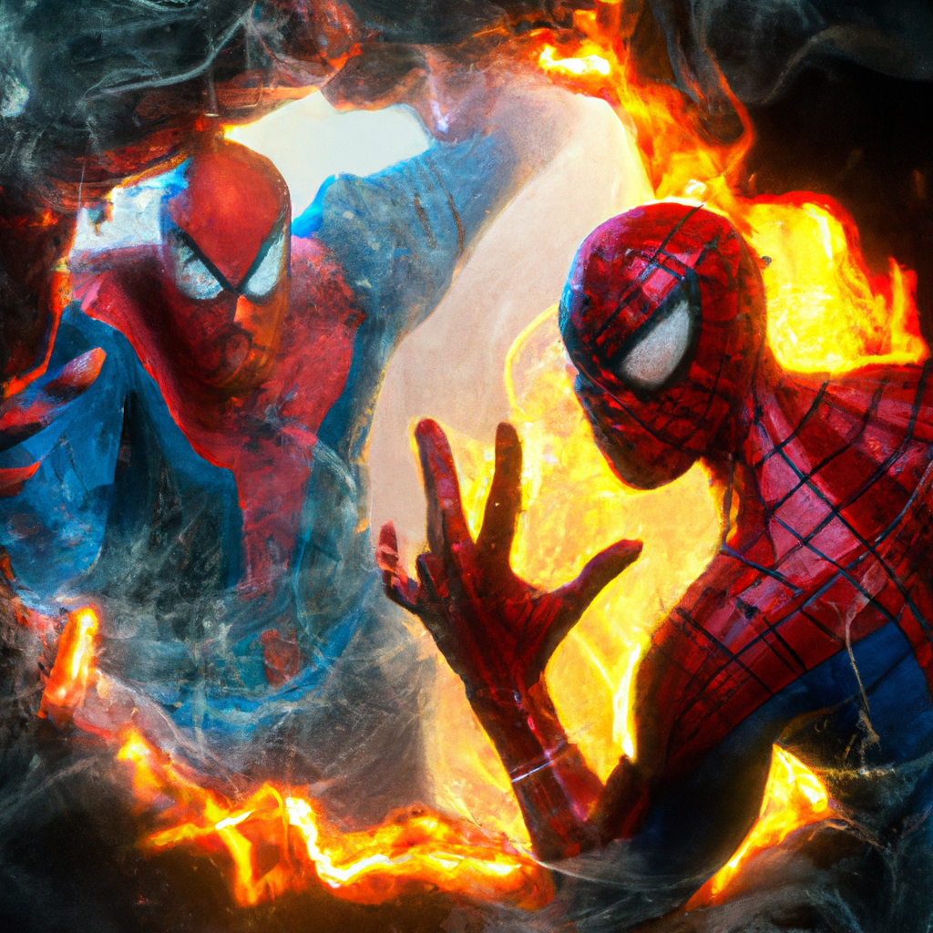 Spiderman and Dr. Strange in spiderverse in with smoke and fire in the frame close-up ai art generated