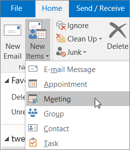 Navigate to the Inbox and select "New Items" > "Meeting."