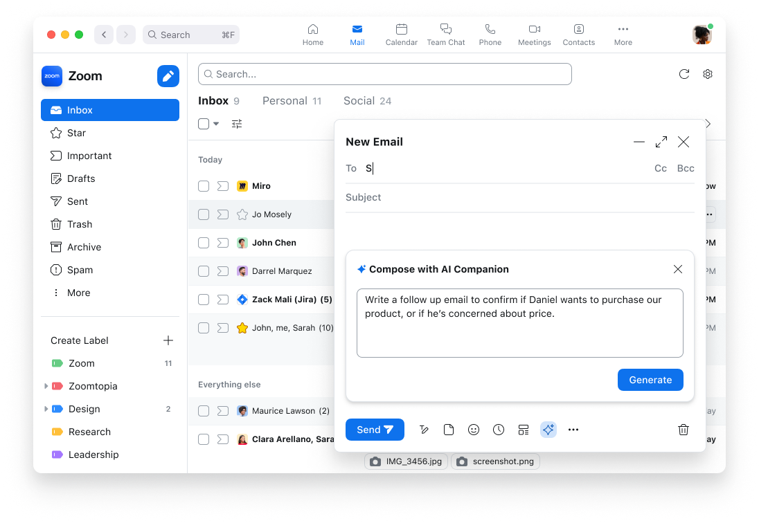 Zoom AI Companion - Composing mail with Zoom AI Companion