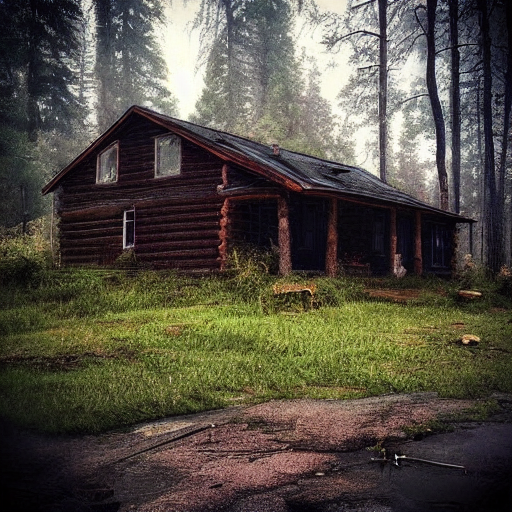 Cabin in the Woods, rain ai art generated